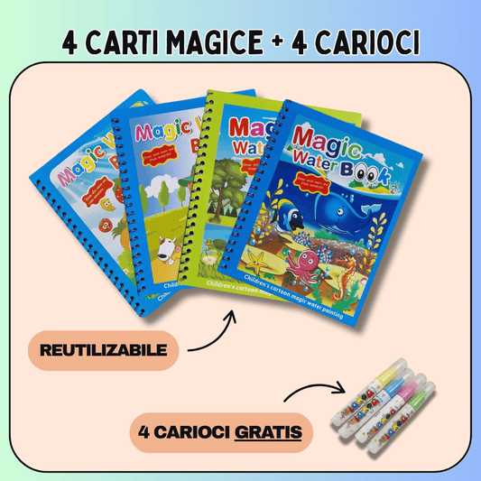 SET 4 Carti de colorat cu apa reutilizabile + 4 carioci GRATIS